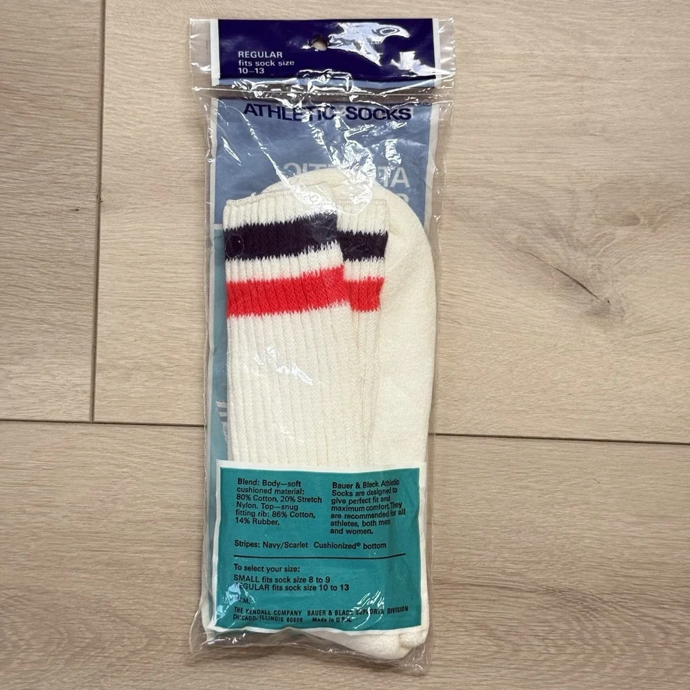 Vtg Bauer & Black Athletic‎ Socks R 10–13 Navy Scarlet Striped Crew USA NIP